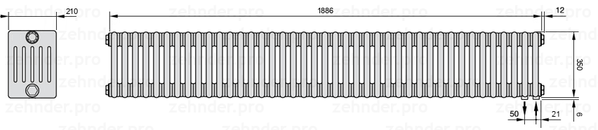 Схема (чертеж) Радиатор Zehnder Charleston 6035/41 №5510 Белый глянцевый RAL 9016